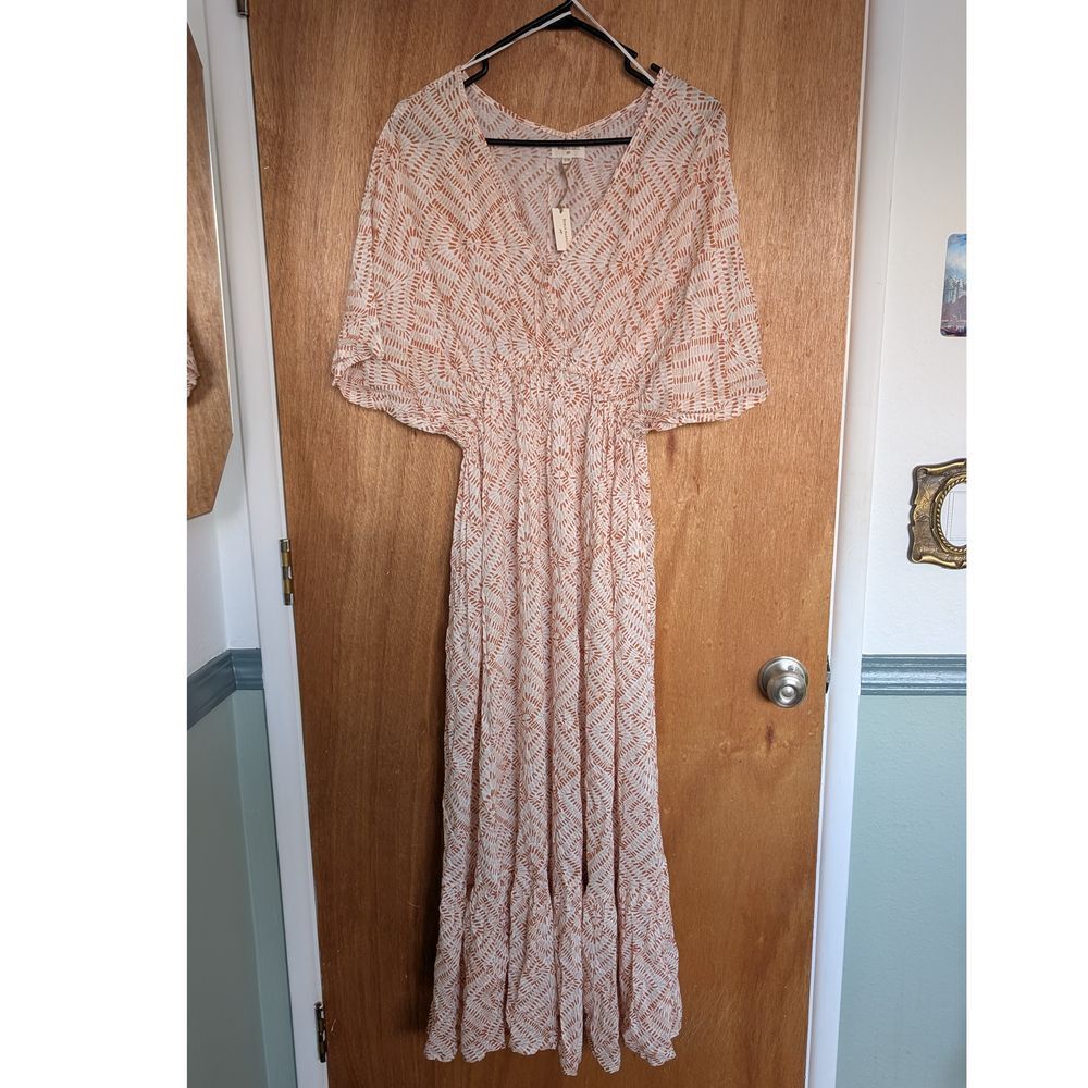 Boho Maxi Dress Geometric Print Flutter Sleeve V-Neck Empire Waist Summer Dress